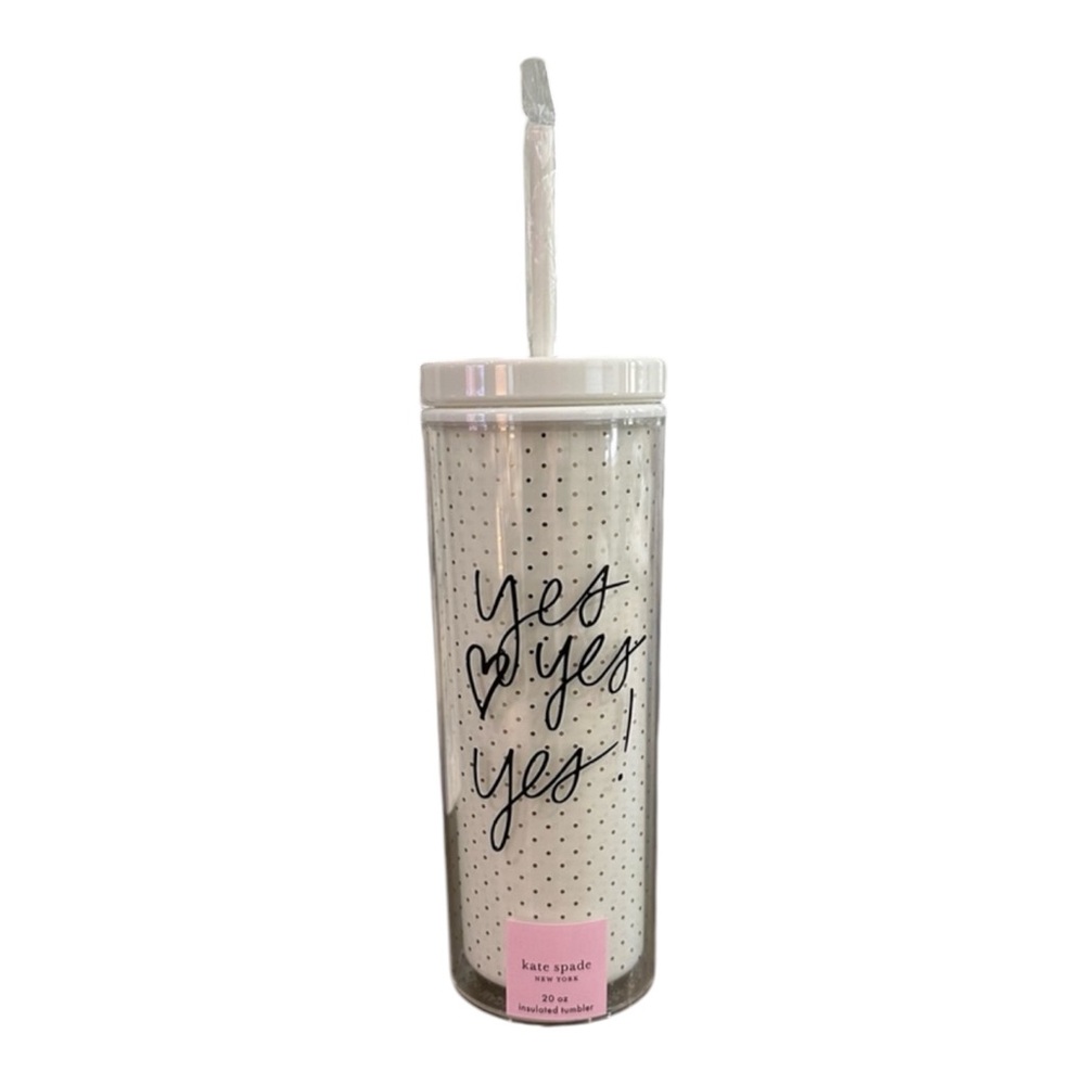 Kate Spade “Yes, Yes, Yes” White Tumbler w/ Black Script & Gold Dots.